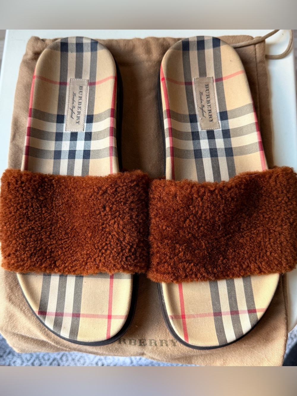 Burberry Brown Shearling Plaid Slide Mules